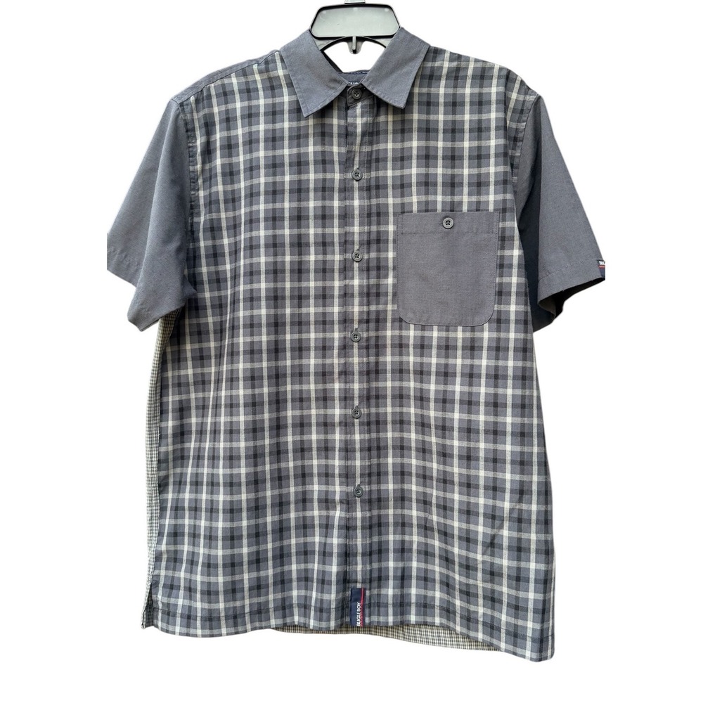 Vintage Bugle Boy Shirt Mens Medium M Gray Plaid Short Sleeve Colorblock 90s Y2K